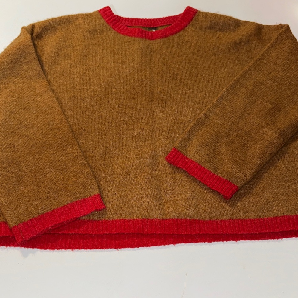 Free People Grandpa Sweater Brown with Red Trim